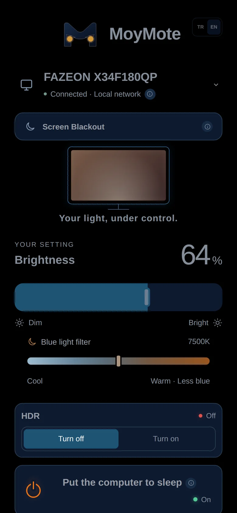 MoyMote phone panel in dark appearance: FAZEON X34F180QP connected over the local network, brightness at 64 percent, blue light filter at 7500K, HDR and sleep controls