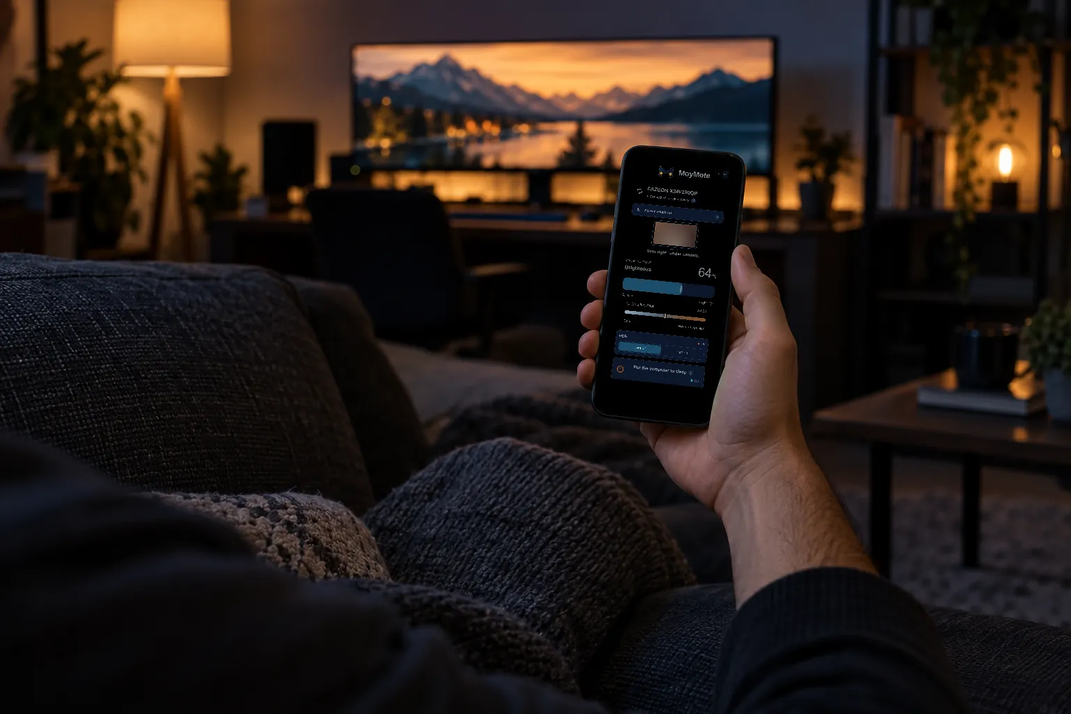 A hand holding a phone with the MoyMote panel open, on a sofa at night, with a monitor glowing across the room